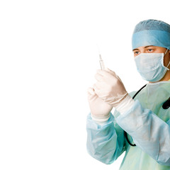 doctor portrait with syringe, white background