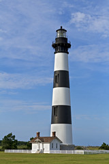 Black and white striped lighthouse in North Carolina.