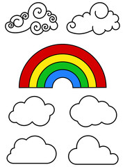 clouds outline and colorful rainbow on white background