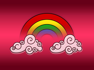 clouds outline and colorful rainbow on white background