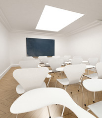 Classroom with chalkboard seen from back row