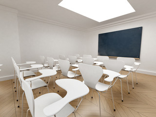 Side view of a classroom with a chalkboard