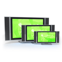 LCD screen TVs in 3 different sizes green