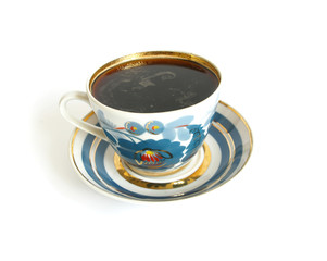 Blue cup of black coffee isolated on the white