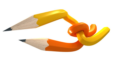 Yellow and orange pencils interlaced in an imposible shape