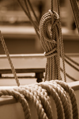 Fototapeta premium Close up of a rigging element of an old sail boat in Barcelona