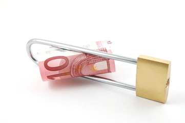 padlock with money isolated on a white background