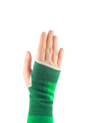sprained wrist wrapped in a elastic cloth for support