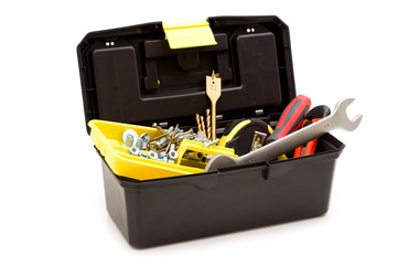 plastic toolbox and tools on white background.