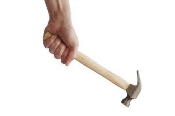 Hand Holding Hammer On White Background, Work Tool