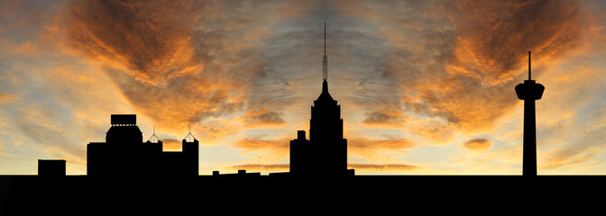 San Antonio at sunset with colourful sky illustration