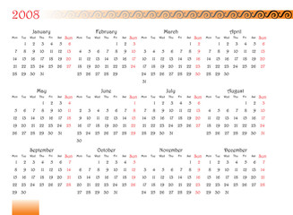 calendar of 2008 year with decorated font. Monday is first day