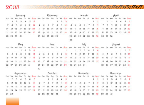 calendar of 2008 year with decorated font. Monday is first day