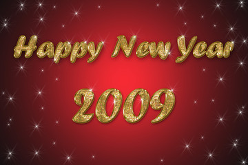happy new year golden text on red background with stars