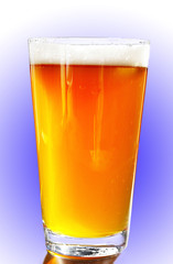 Full pint of amber beer with head, on white-blue background