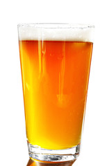 Full pint of amber beer with head, on white background