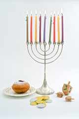 Hanukkah menora, Dreidel, Chocolate Gelt, donuts, over white