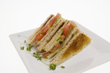 Club Sandwich on plate against white backround