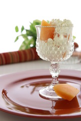 Cottage Cheese with cantaloupe (sugar melon) and cracked black pepper in crystal cut dish.