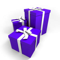 three Big blue gift boxes with a white ribbons