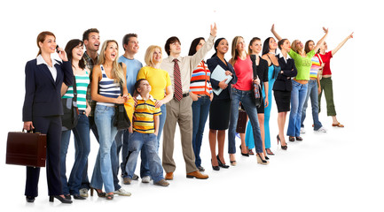 Group of the young smiling people. Over white background..
