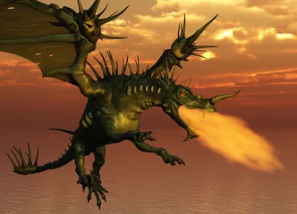 Afwasbaar Fotobehang Draken 3D render van een vuurspuwende draak die bij zonsondergang vliegt.
