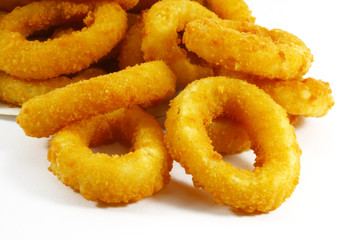 Fast Food Popular Side Dish of Onion Rings on White Background