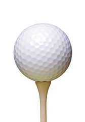 Golf Ball On Wooden Tee, White Background