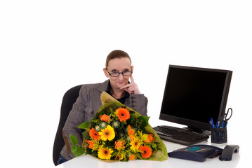 Attractive middle aged woman getting flowers for birthday,