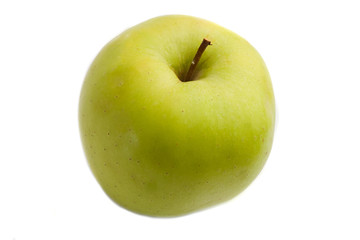 Green delicious apple on a white background