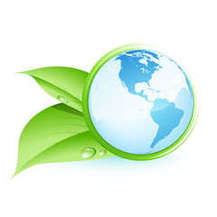 Planète terre bleue et feuilles vertes