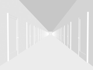 Abstract white corridor with the closed doors