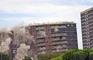 Demolition of 1960s building in Sighthill, Edinburgh.