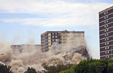 Demolition of 1960s building in Sighthill, Edinburgh.