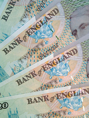 Closeup of English twenty pound currency notes