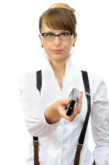 Concentrated businesswoman with a control panel