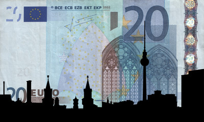 Berlin skyline with TV tower against twenty euro note