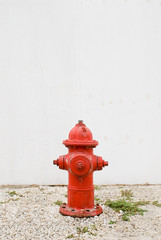 Fototapeta na wymiar czerwony hydrant przed zwykłym białym płotem