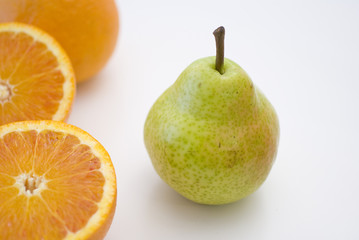 Pear and other fruits, close-up, fruit white background.