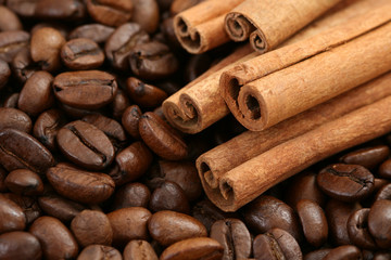 aromatic coffee - coffee beans and cinnamon sticks
