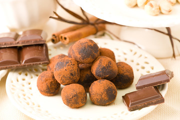 Handmade chocolates coated with cocoa