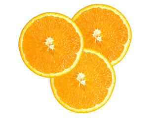 Three juicy parts of oranges isolated on white