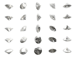 Many isolated brilliant cut diamonds on white background