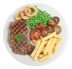 Sirloin steak with chip, peas, mushrooms and onion rings