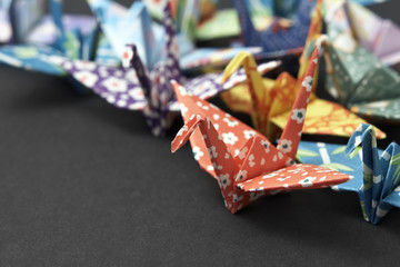 A group of colourful origami cranes on a black background