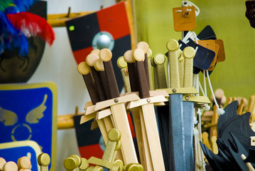 A shot of some wooden swords... for children