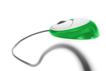 green computer mouse with cable isolated on white