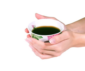 Female hands hold a coffee or tea cup
