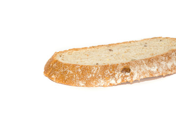 slice of fresh wholegrain bread on white background