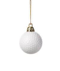 golf-ball as a xmas ornament , isolated on white background
